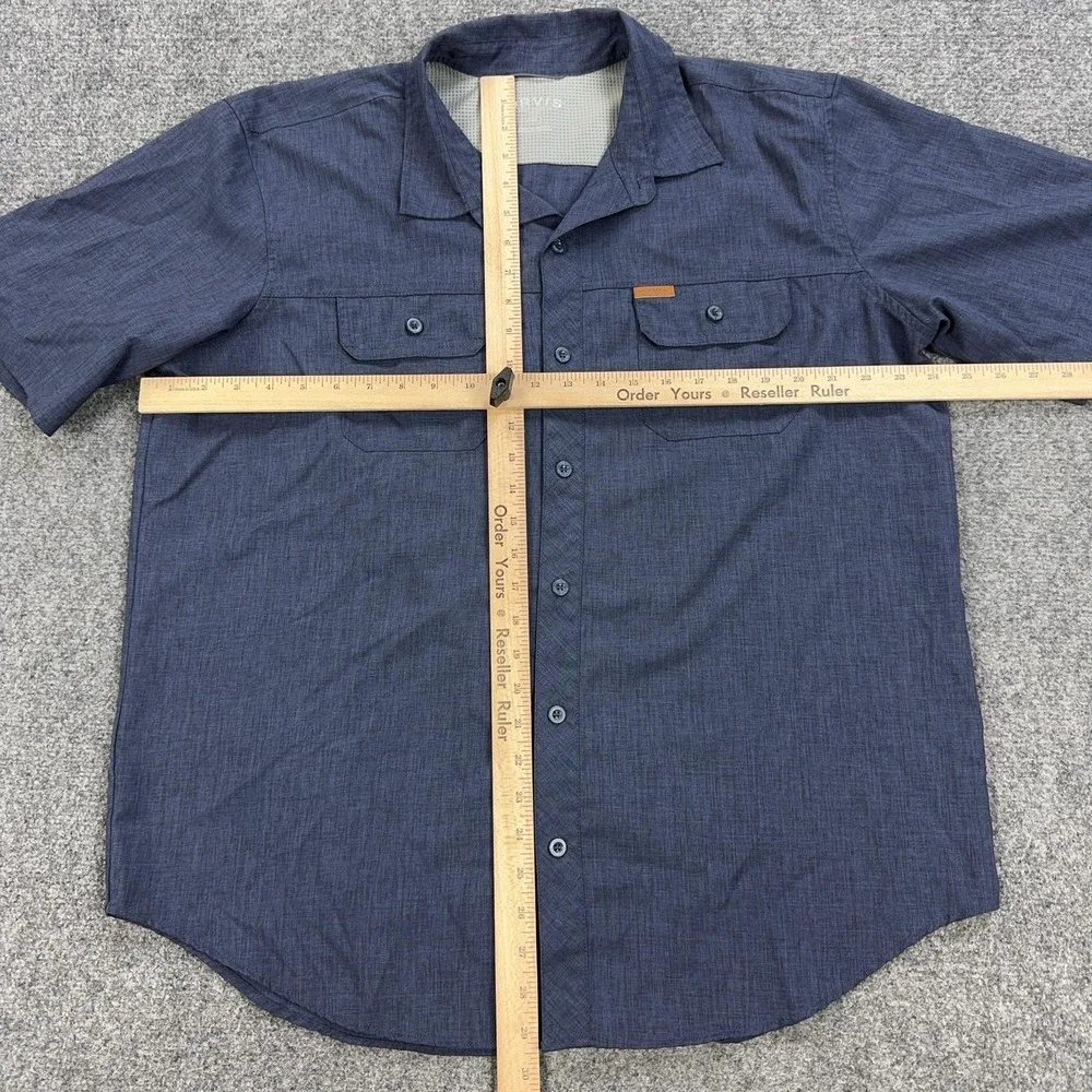 Orvis Shirt Mens XL Blue Solid Polyester Short Sleeve Button Front Casual